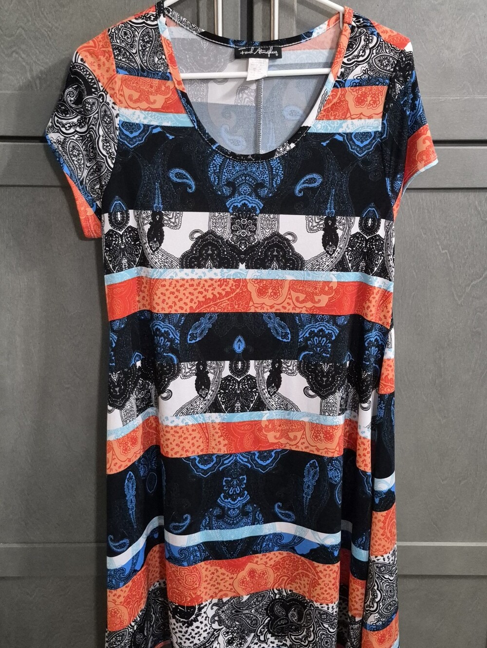 French Atmosphere Orange, Blue & Black Paisley Dress